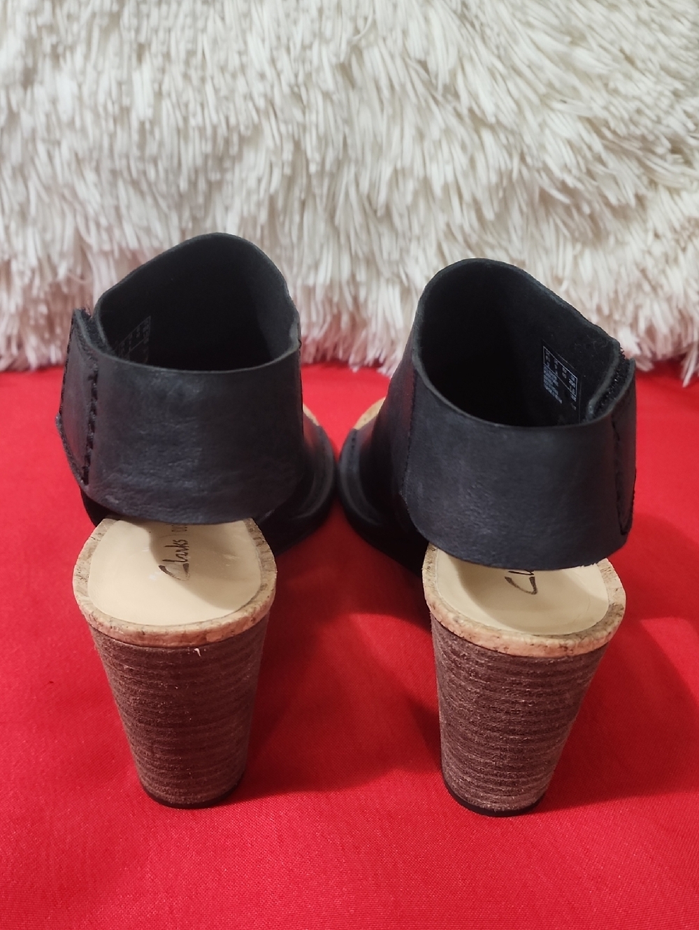Clarks Cork Wedge Sandals Women Black Leather Peep Toe Ankle Strap - Picture 5 of 10